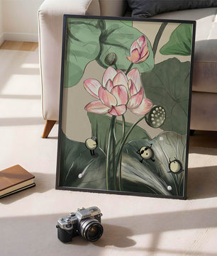 Illustrated lotus with playful cartoon bees in a serene garden