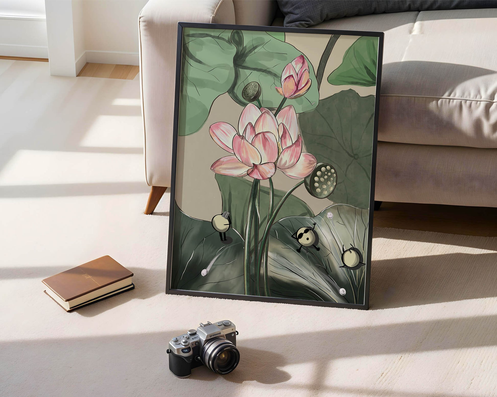 Illustrated lotus with playful cartoon bees in a serene garden