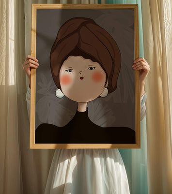 Elegant portrait of a woman with a unique headscarf and expressive features