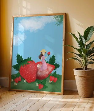 Ilustración encantadora de una niña en un campo de fresas
