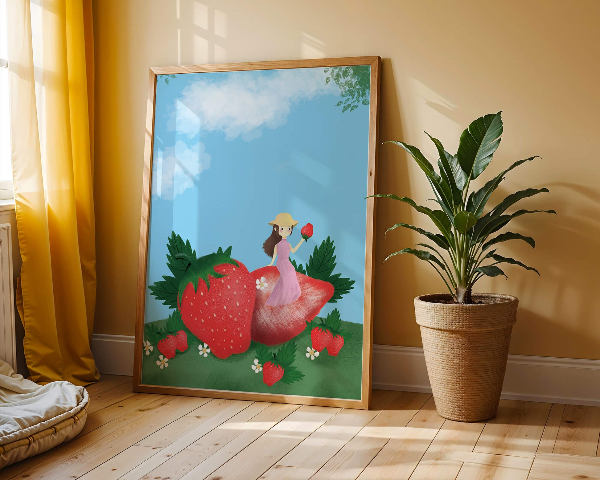 Charming illustration of a girl in a strawberry field