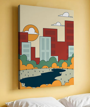 Cityscape At Sunset With Park And Lake