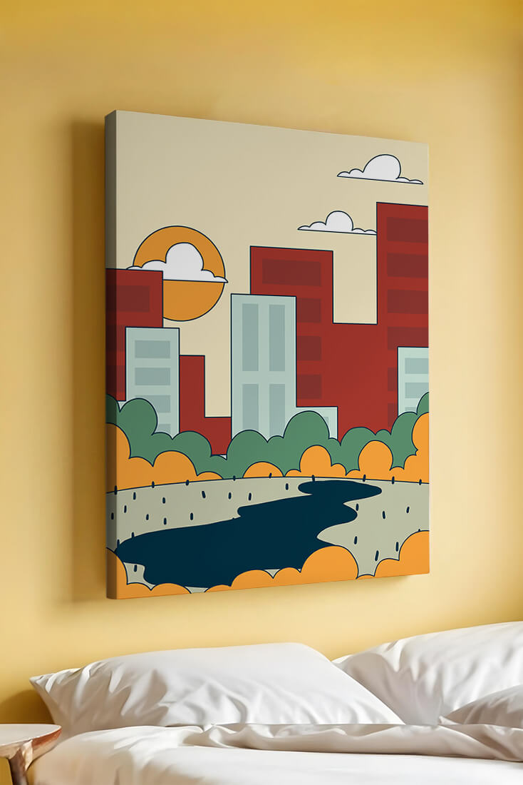 Cityscape At Sunset With Park And Lake