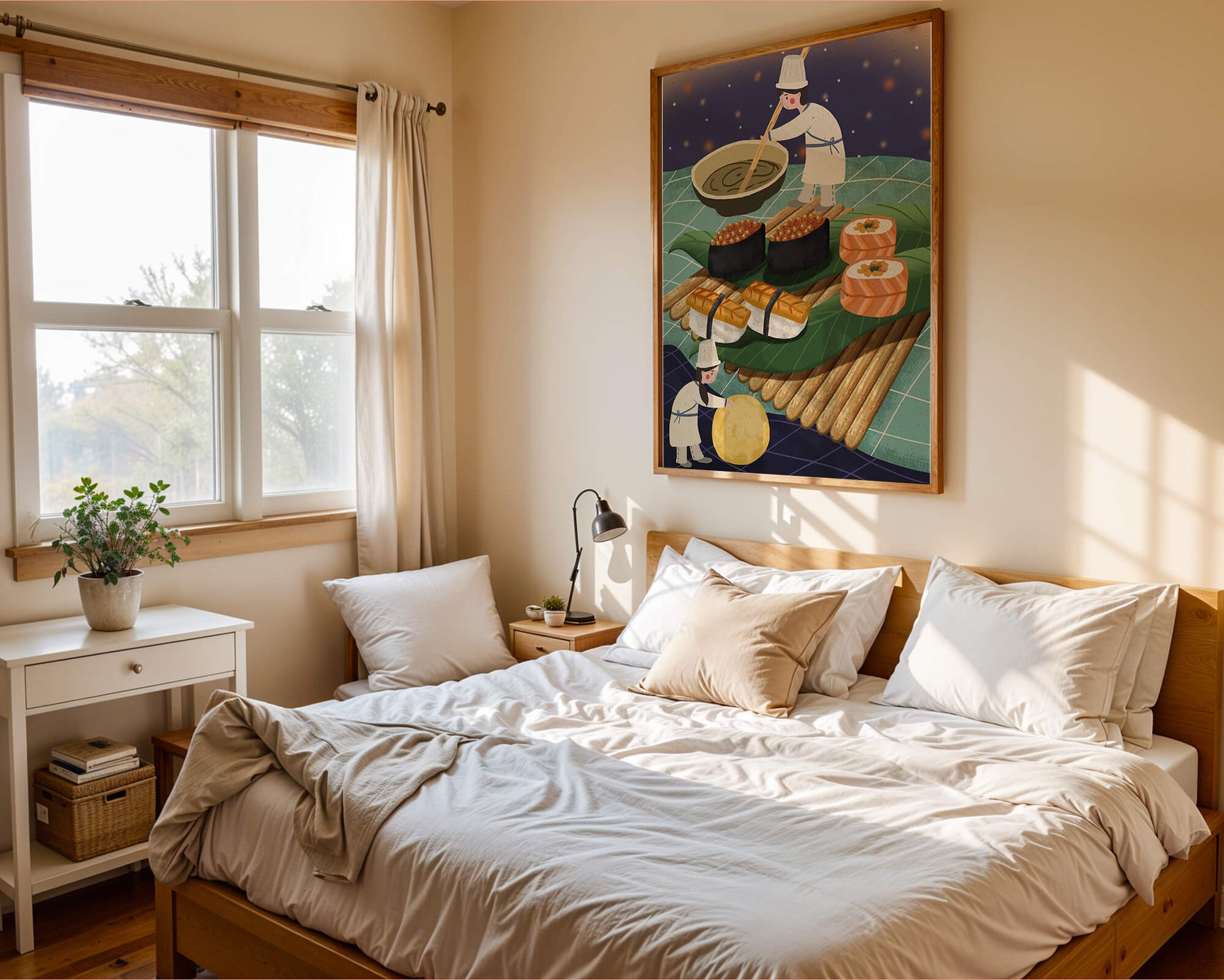 Ilustración juguetona de chefs preparando sushi en un paisaje imaginario