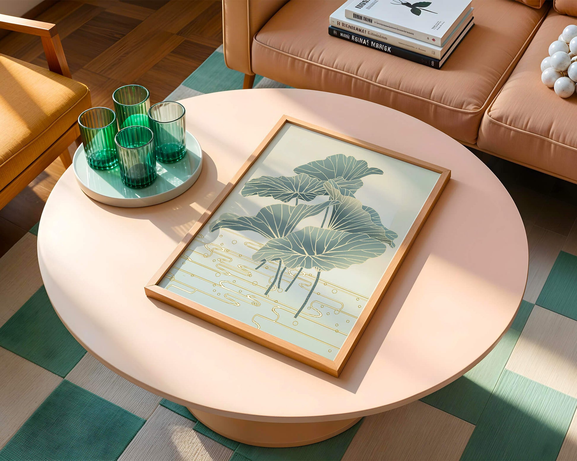Elegant botanical illustration featuring large leaves with golden accents
