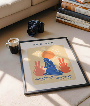 Modern abstract art poster featuring the sun and a serene figure in blue and coral tones - Mi tienda