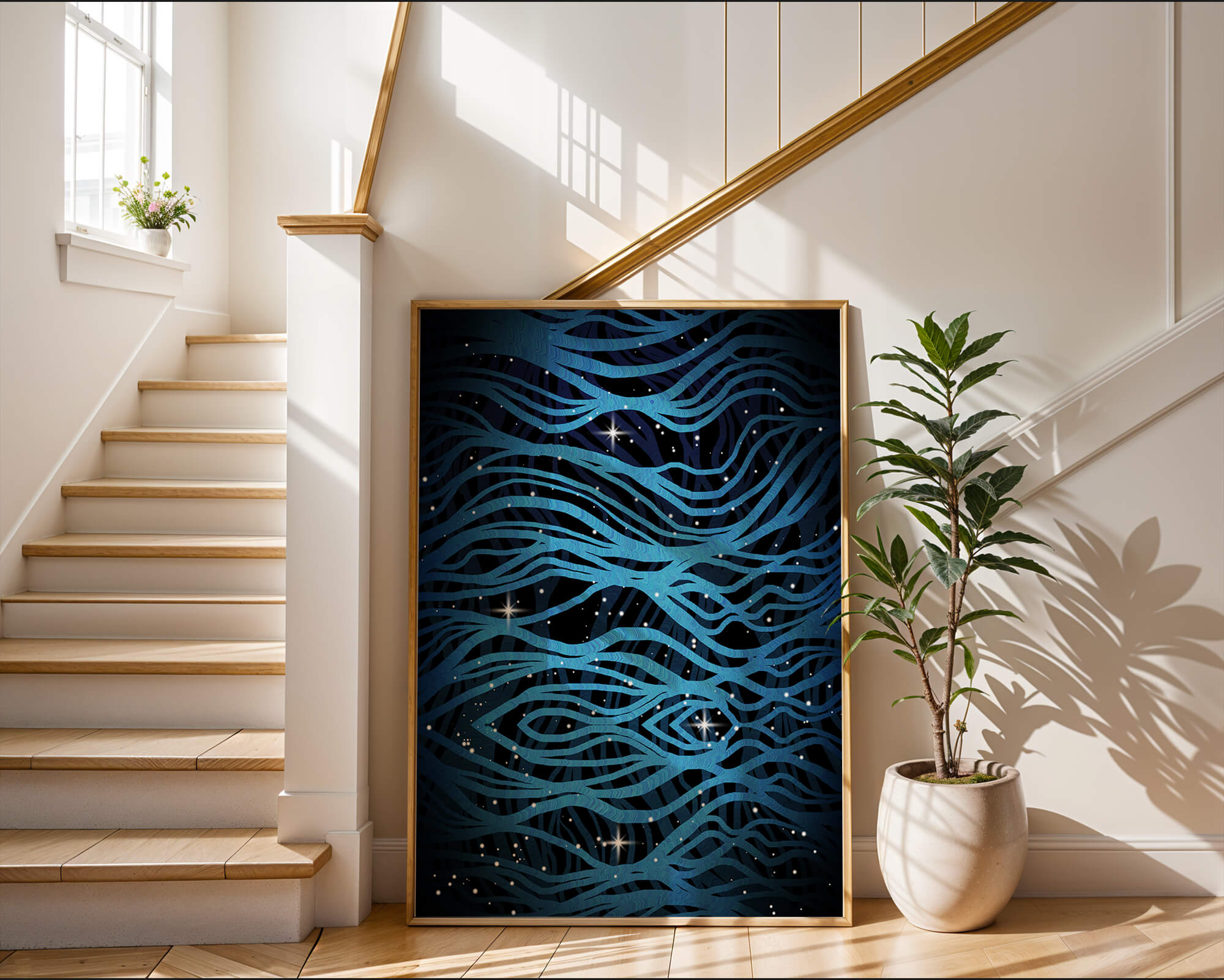 Abstract blue wave lines with starry night background