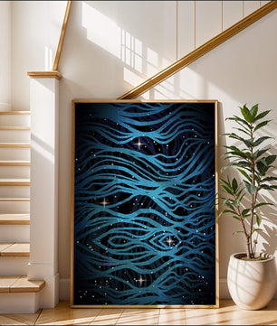 Abstract blue wave lines with starry night background