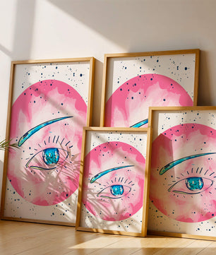 Abstract Eye Illustration with Pink Background and Blue Accents - Mi tienda