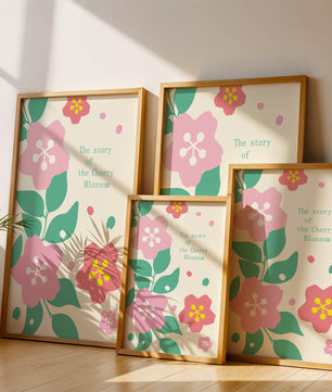 Florale Illustration mit Kirschblüten und grünen Blättern