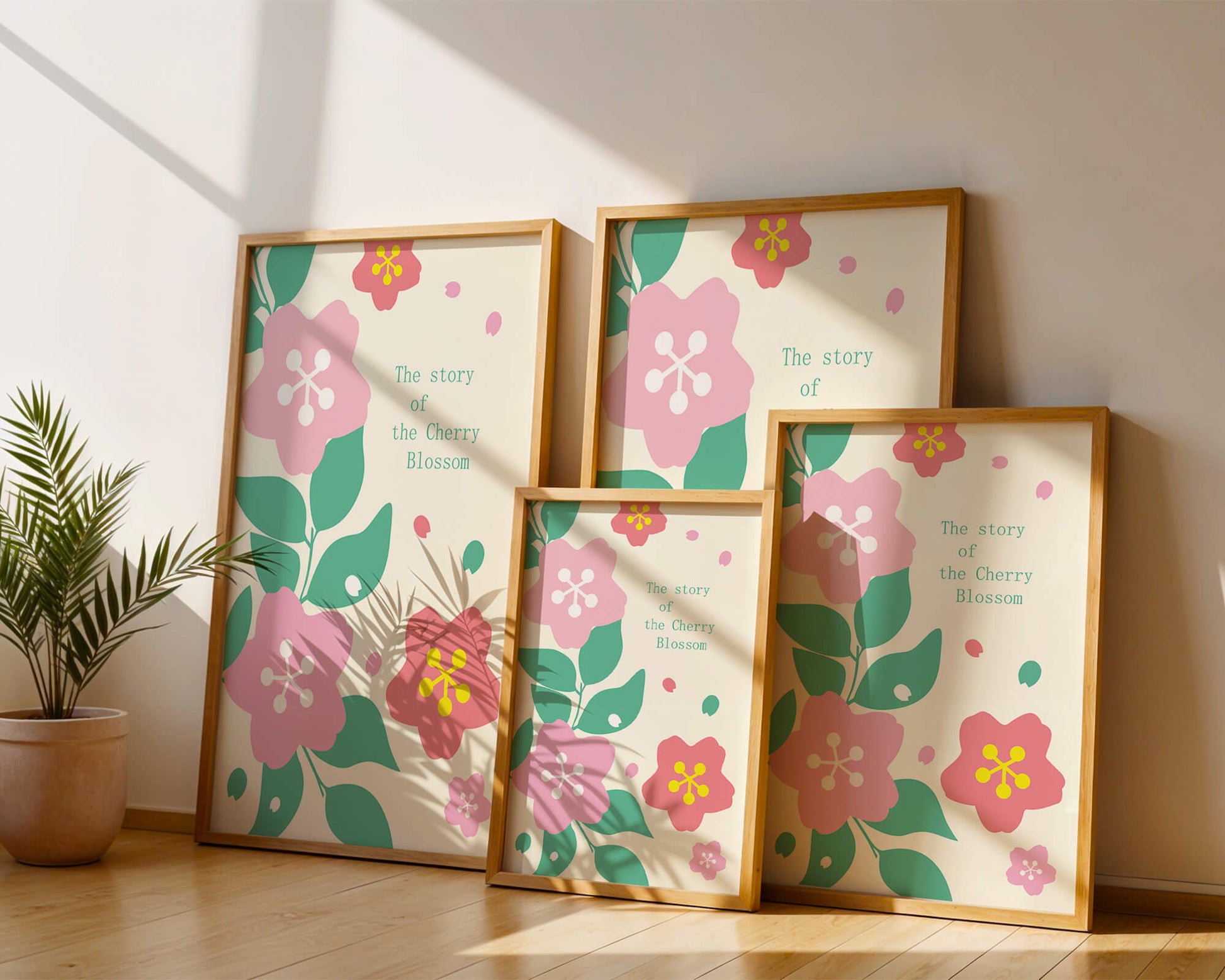 Floral illustration with cherry blossoms and green leaves
