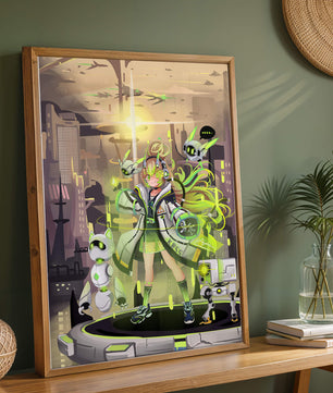 Chica de anime futurista con aura verde y compañeros robóticos en un paisaje urbano de ciencia ficción