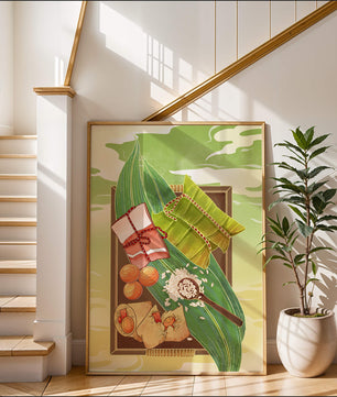 Traditional dumplings wrapped in leaves with ingredients on a vibrant background