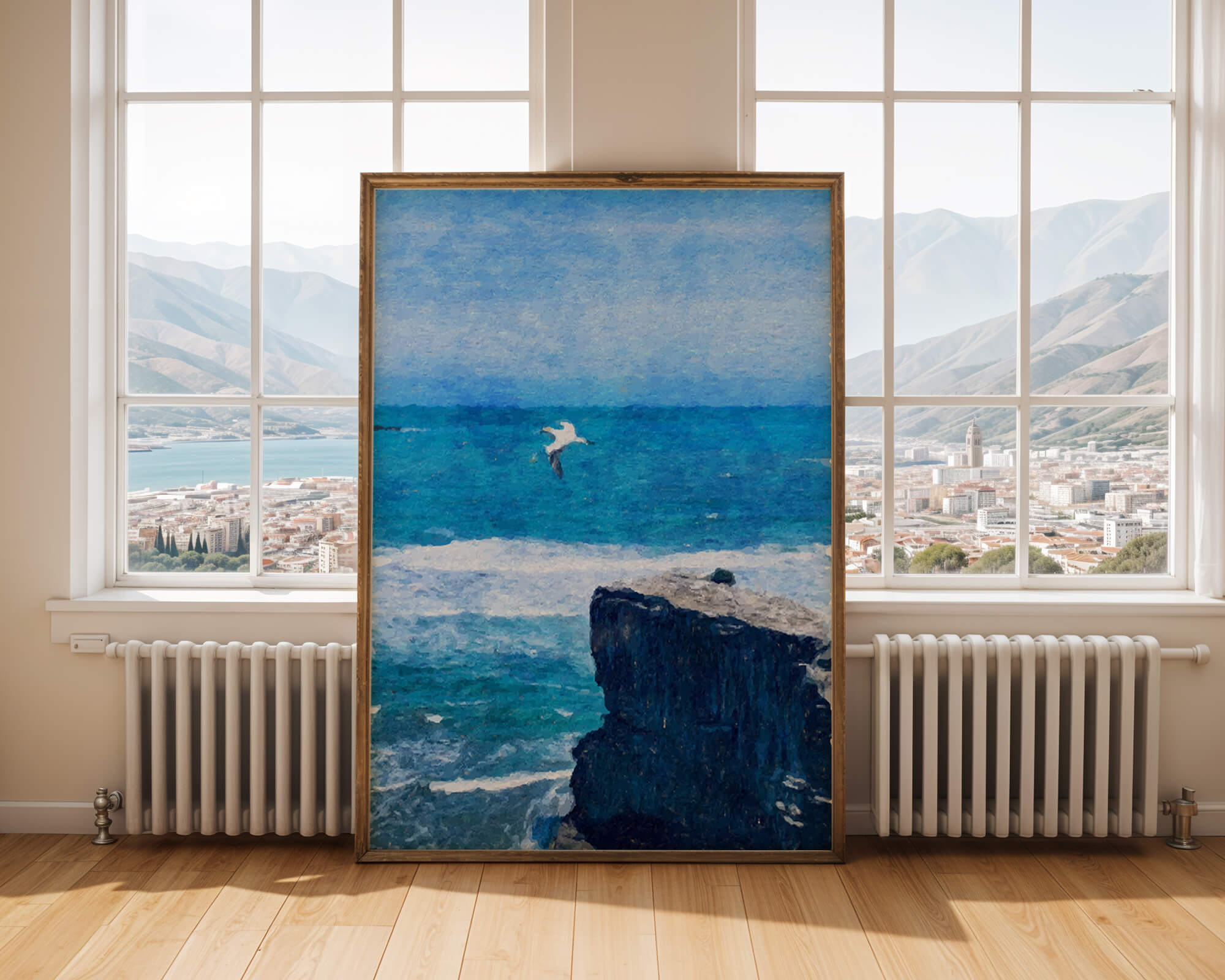Seascape with soaring seagull over rocky cliff and ocean waves