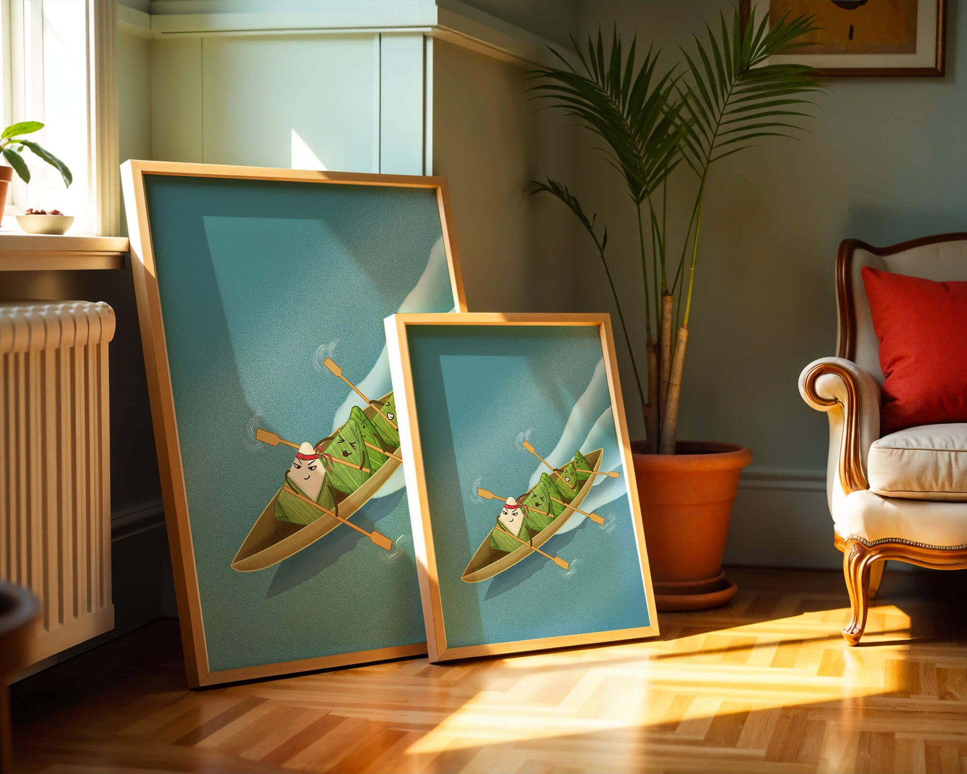 Charming illustration of rice dumplings rowing a boat with expressions