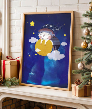 Scène nocturne onirique avec un enfant étreignant la lune