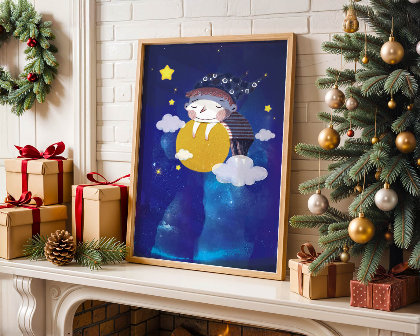 Dreamy Nighttime Scene with a Child Hugging the Moon