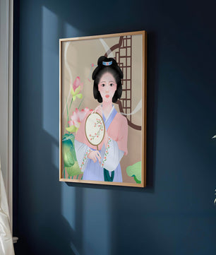 Elegant traditional Asian woman in pastel attire with floral background