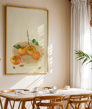 Still Life with Persimmons and Branch on a Neutral Background