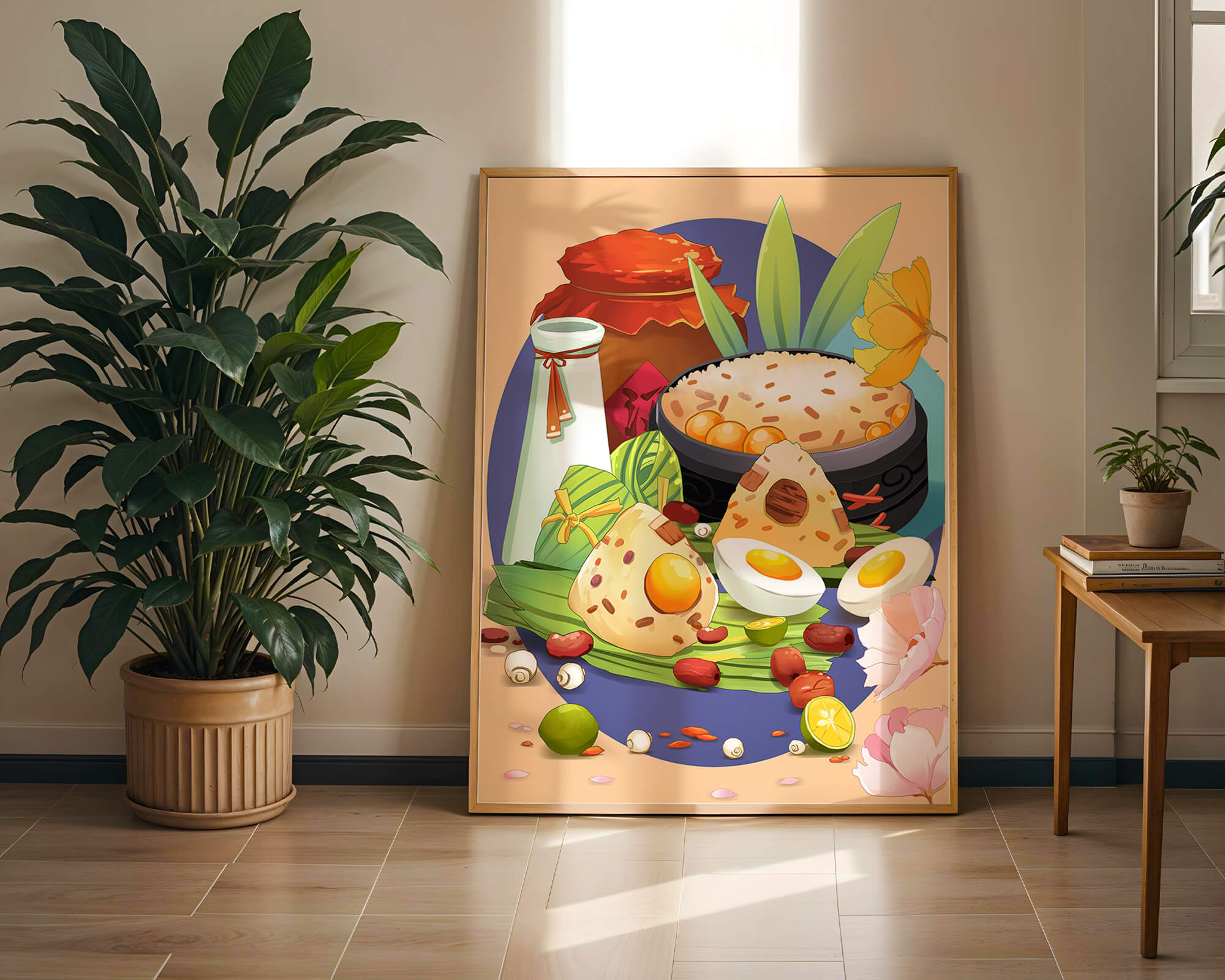 Traditional Asian culinary still life with rice and eggs