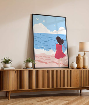 Serene seaside illustration with a girl in a pink dress gazing at the ocean
