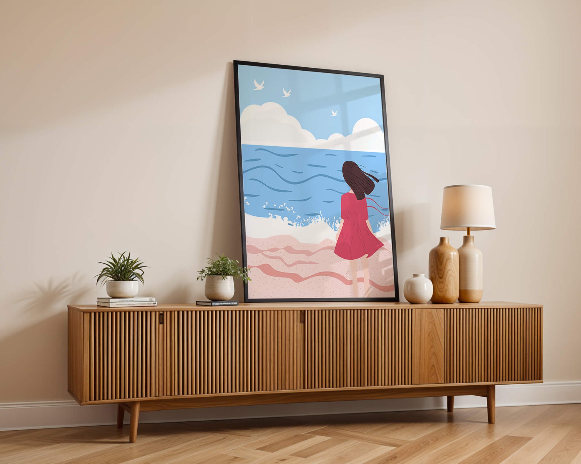 Serene seaside illustration with a girl in a pink dress gazing at the ocean