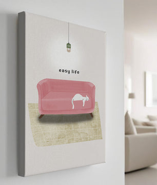 Minimalist Interior with Pink Sofa and Relaxed White Cat