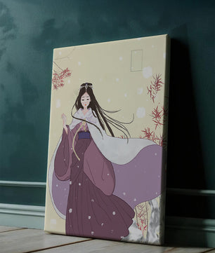 Elegant Woman in Traditional Garment with Snowflakes and Branches