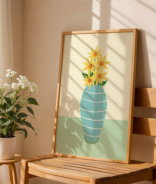 Yellow Sunflowers in a Blue Striped Vase on a Minimalist Background - Mi tienda