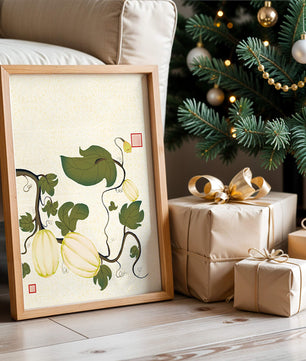 Illustration botanique élégante de melons et de vignes sur un fond texturé