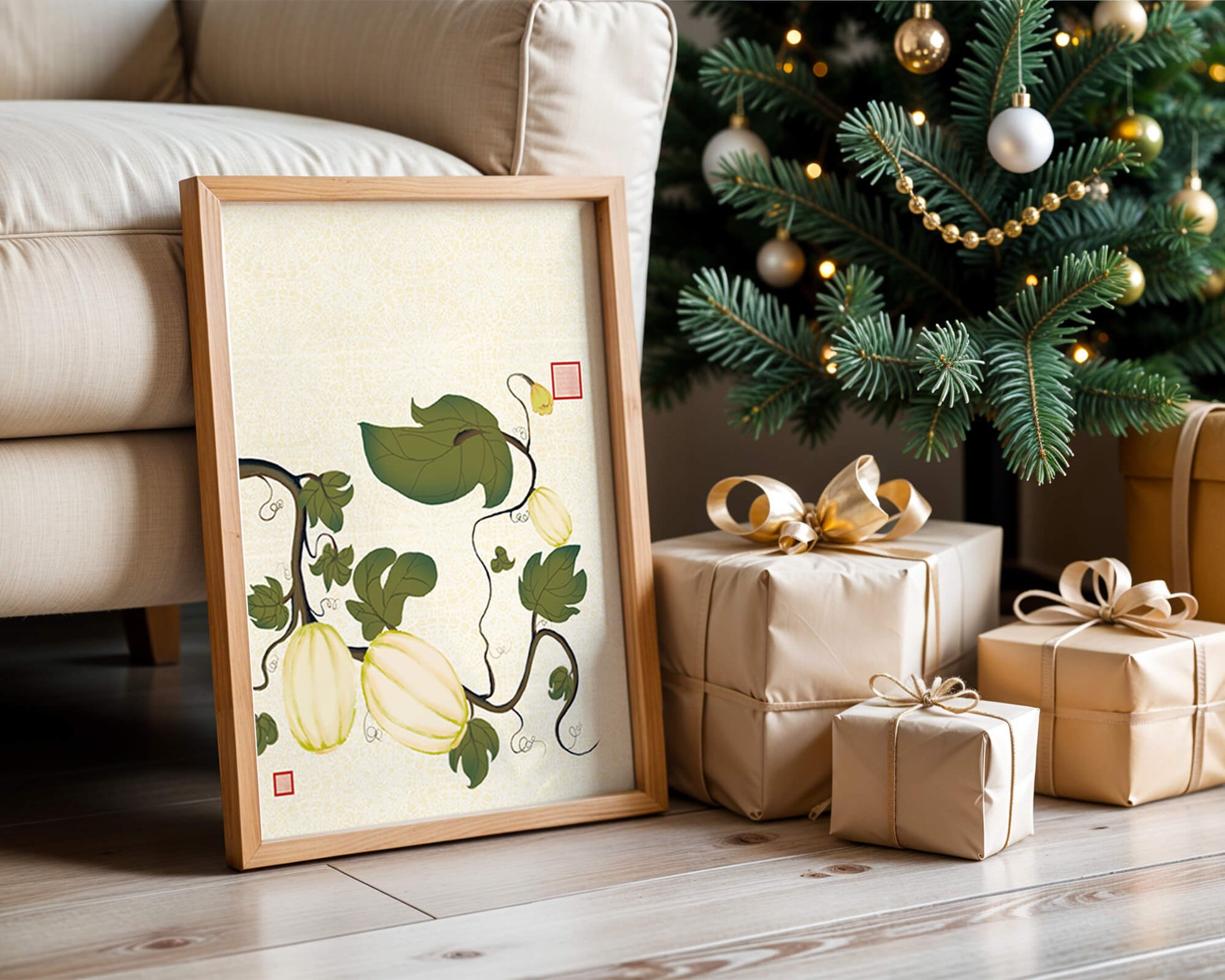 Illustration botanique élégante de melons et de vignes sur un fond texturé