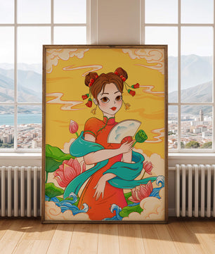 Ilustración oriental que presenta a una chica con atuendo tradicional, un abanico y flores de loto