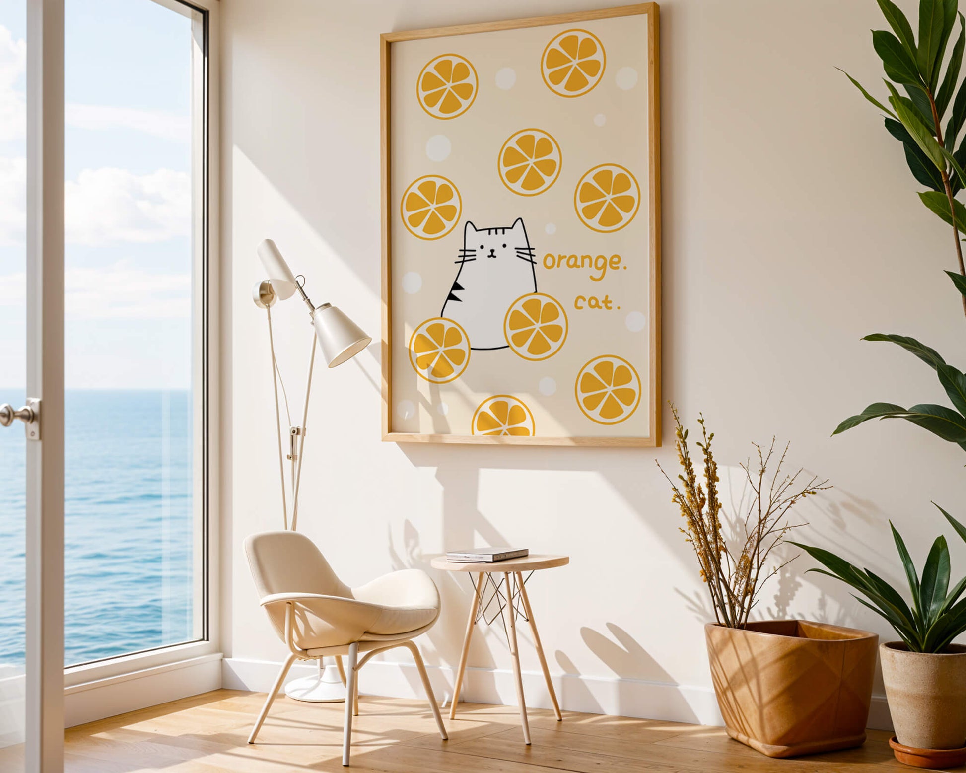 Playful illustration featuring a cat and orange slices