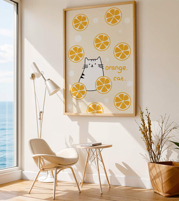 Playful illustration featuring a cat and orange slices