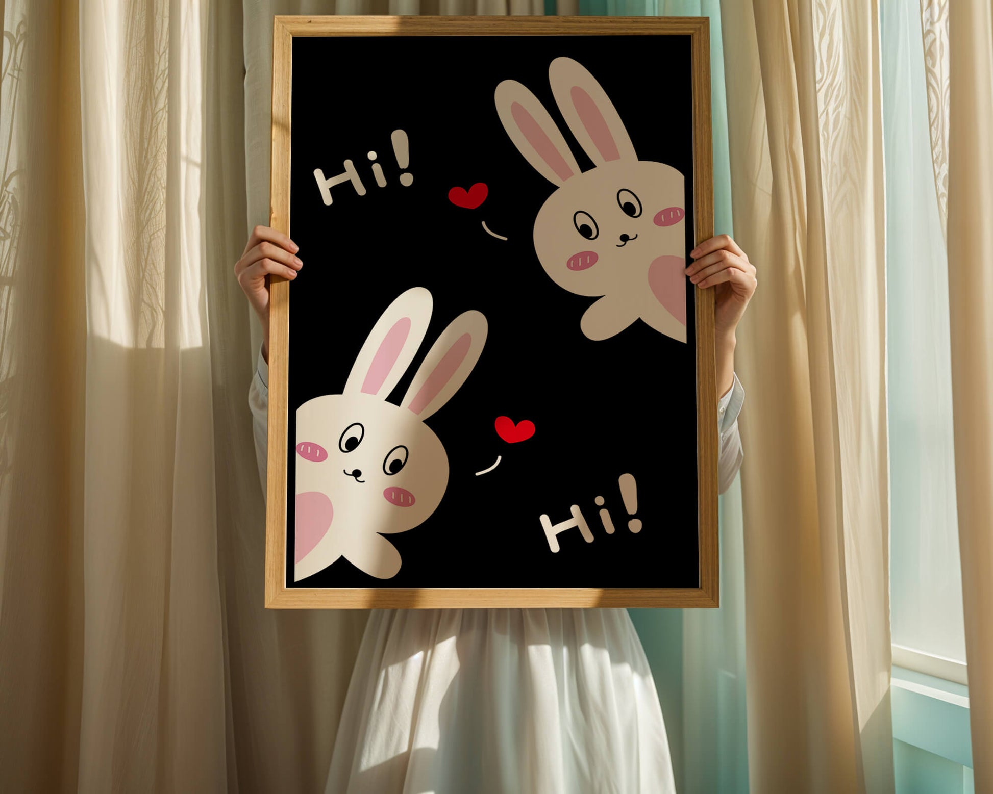 Charming bunny illustration with hearts on black background