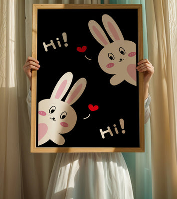 Charming bunny illustration with hearts on black background