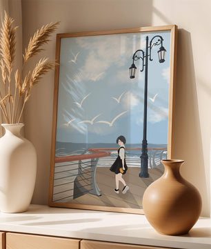 Seaside boardwalk with woman walking under street lamps amid seagulls