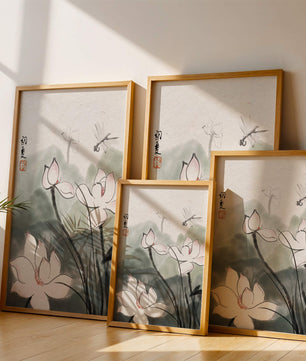 Delicate watercolor of lotus flowers with dragonfly in serene atmosphere