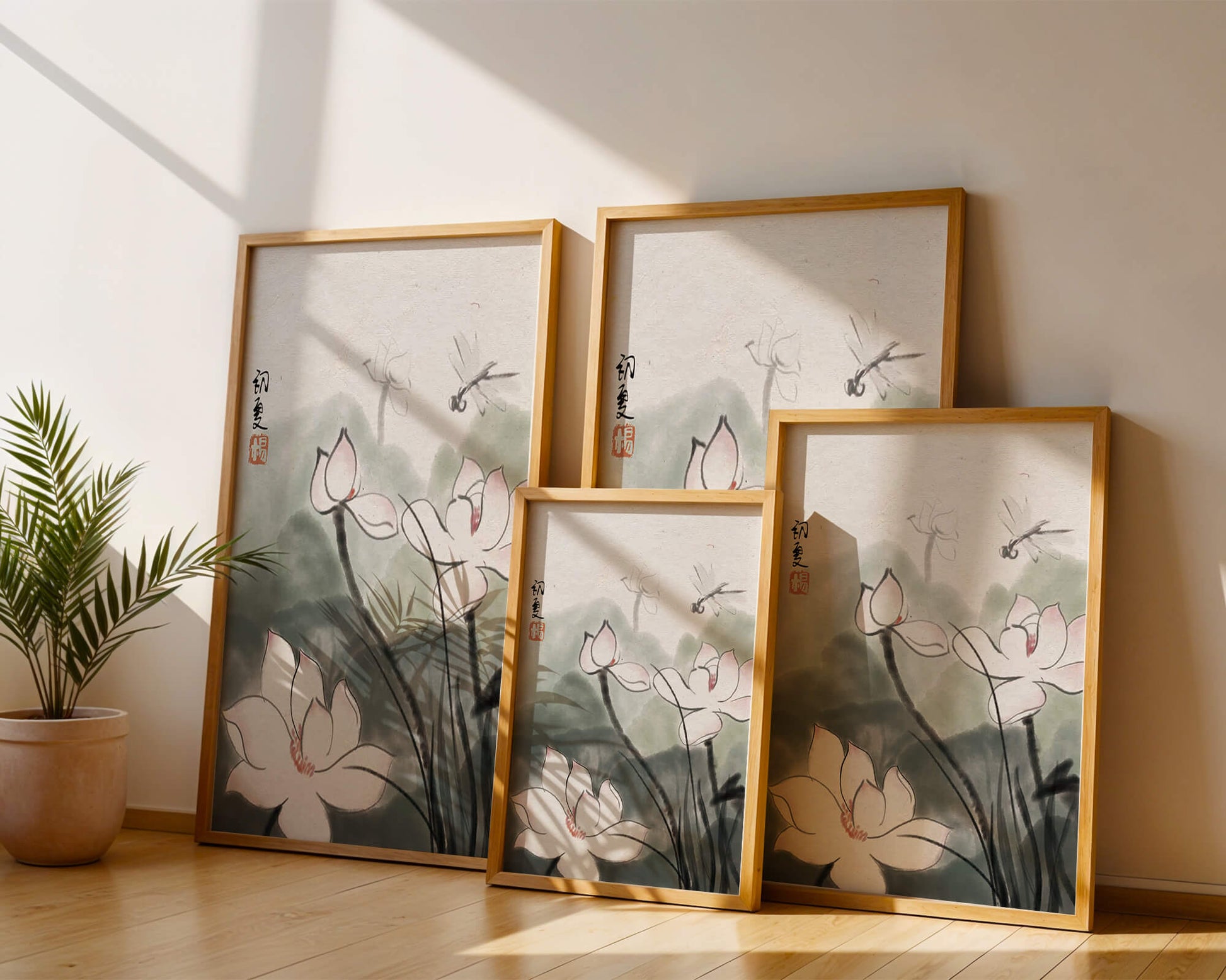 Delicate watercolor of lotus flowers with dragonfly in serene atmosphere