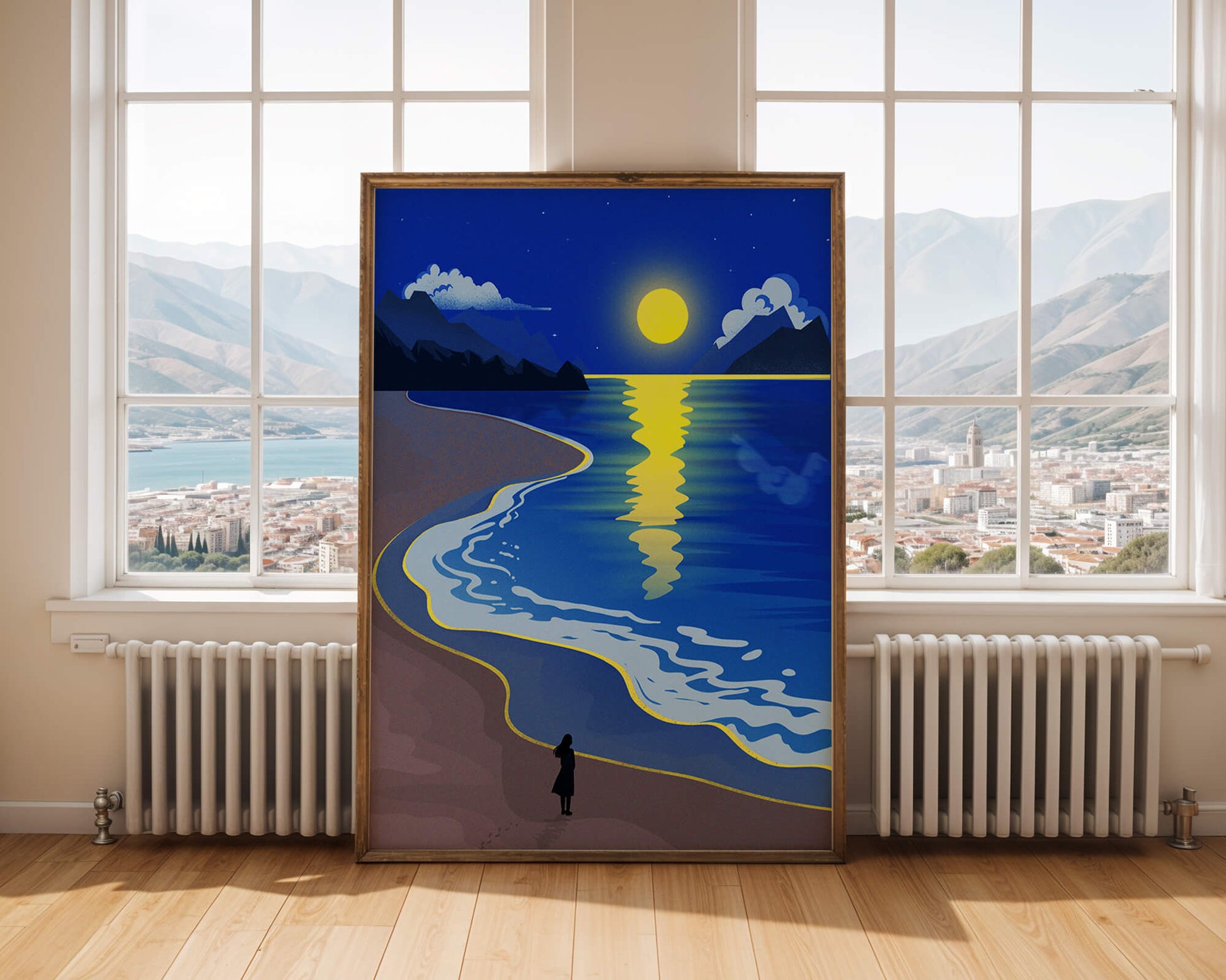 Moonlit Beach with Mountains and Reflections Under Night Sky