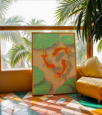 Tranquil pond scene with koi fish and lily pads