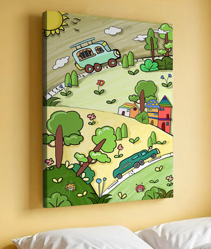 Whimsical landscape with houses, cars, and colorful flora