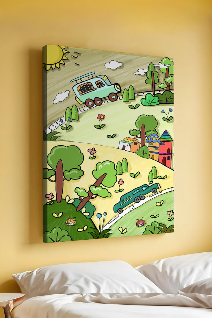 Whimsical landscape with houses, cars, and colorful flora