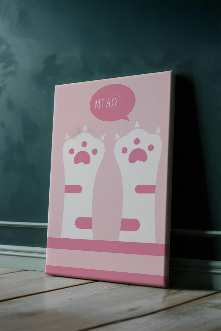 Playful cat paws illustration with speech bubble saying "Miao"