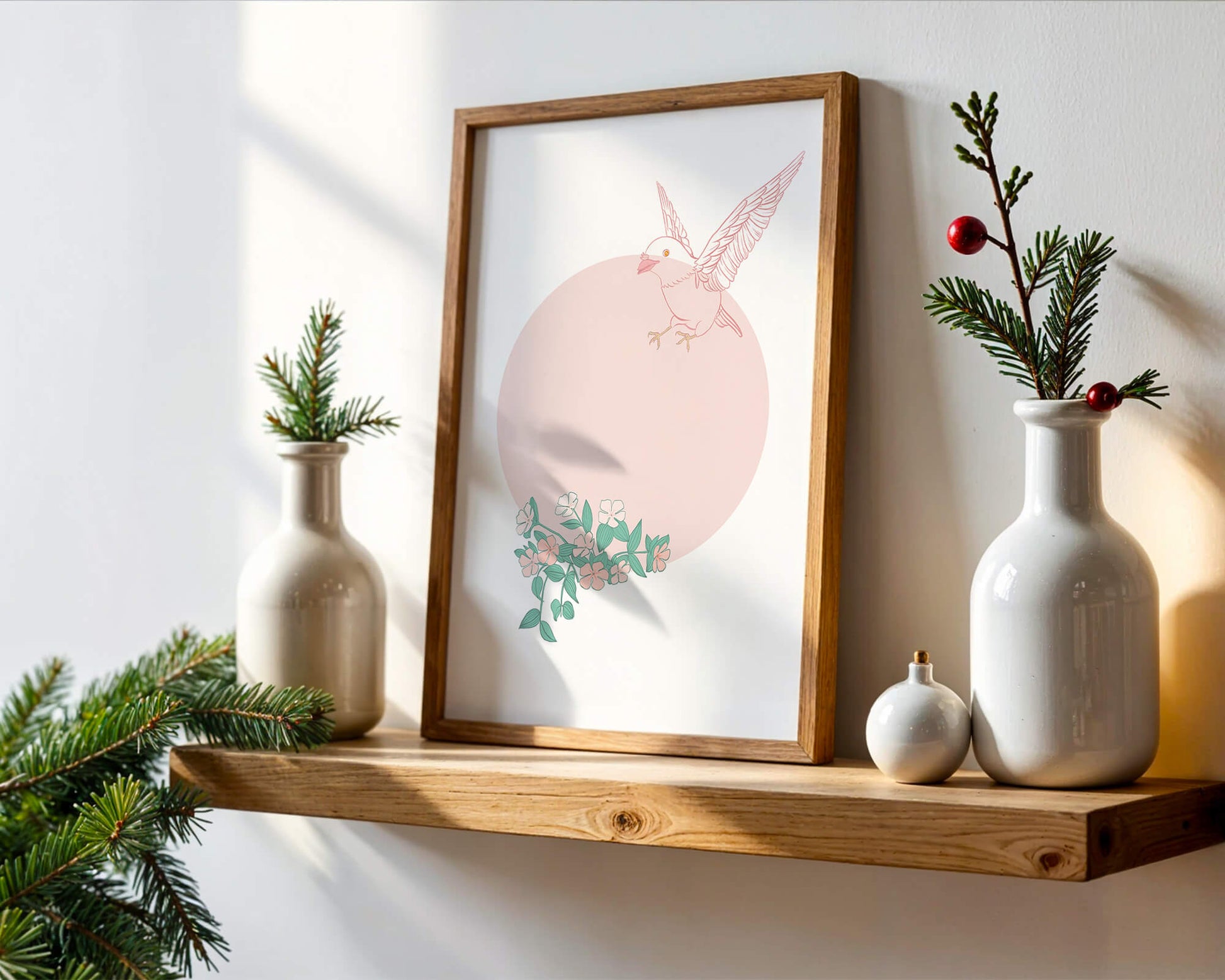 Pájaro pastel con elementos florales en estilo minimalista