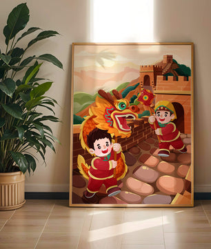 Children celebrating with dragon dance at the Great Wall