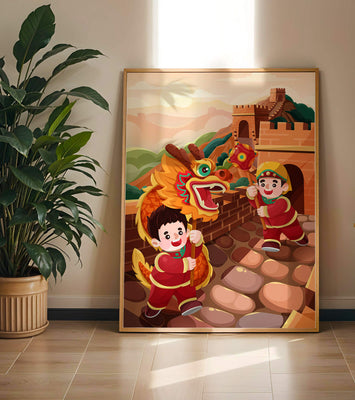 Children celebrating with dragon dance at the Great Wall