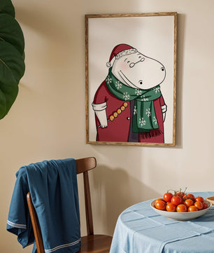 Festive hippo in a red outfit with a green snowflake scarf