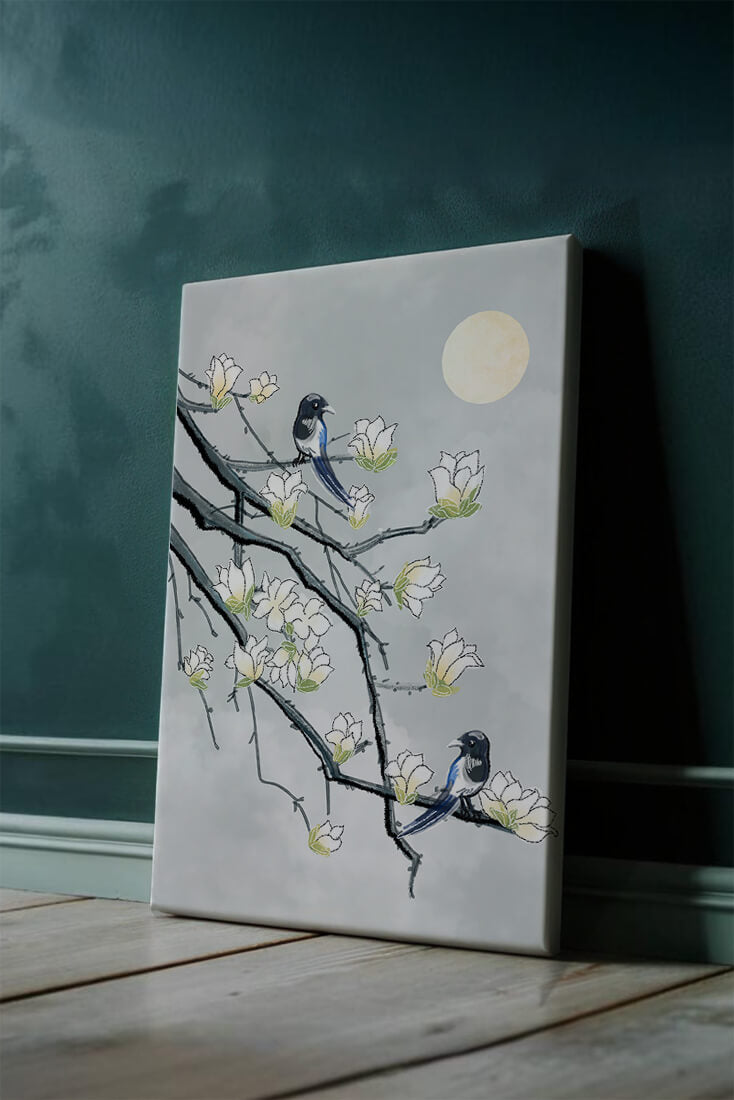 Birds on blossoming branches under a serene moonlit sky