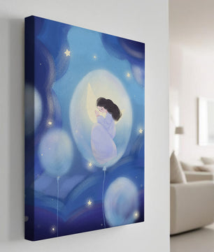 Dreamlike night sky with a girl on a moon enveloped by stars and balloons